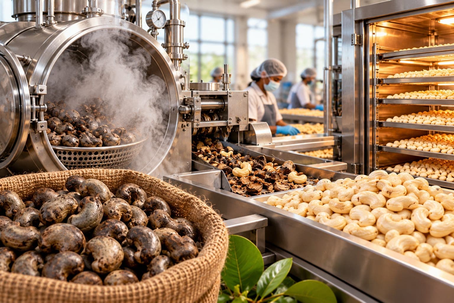 Industrial cashew processing line with steam conditioning and shelling machinery