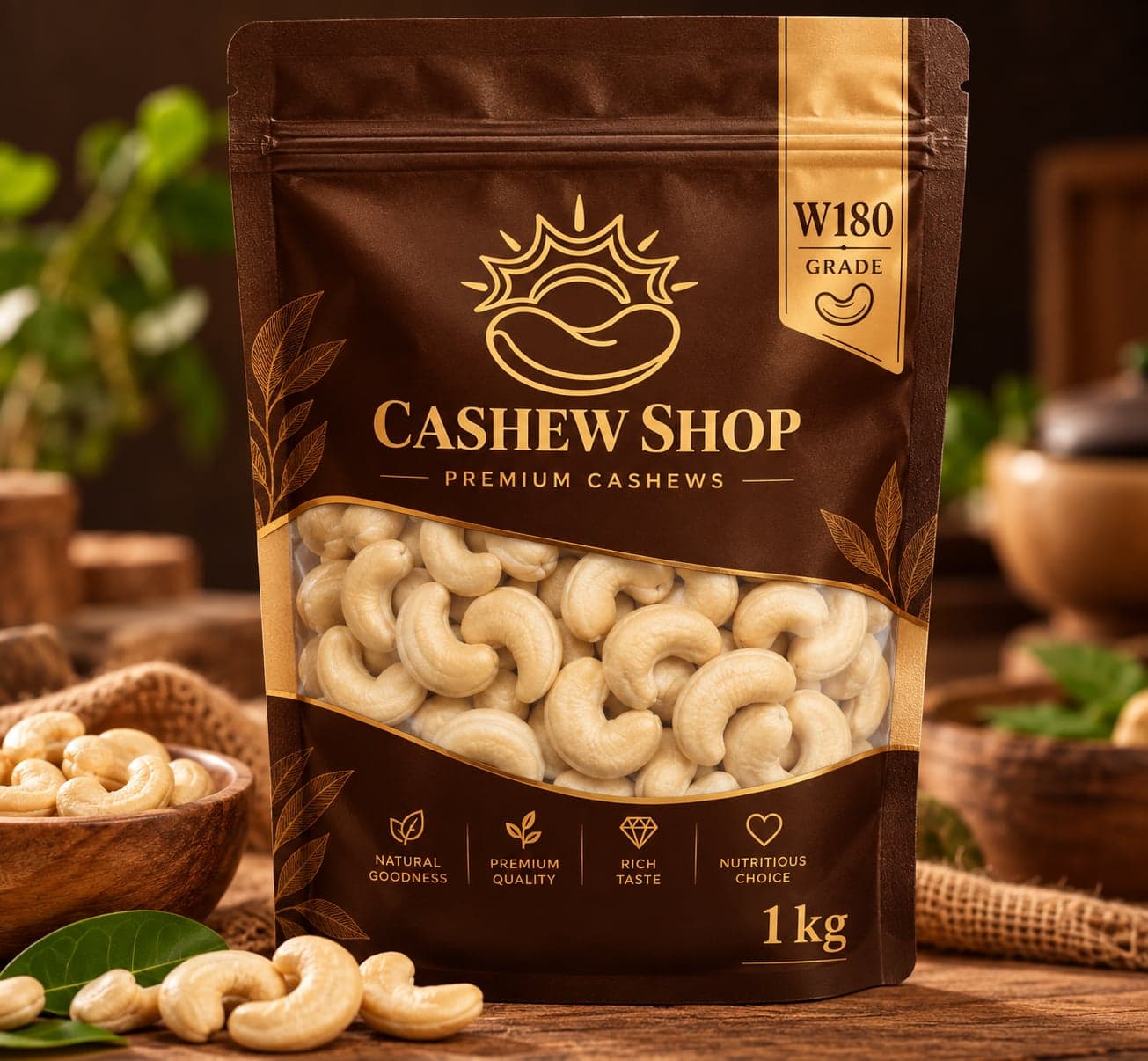 Cashew Shop W180 cashew kernels in a 1 kg pack