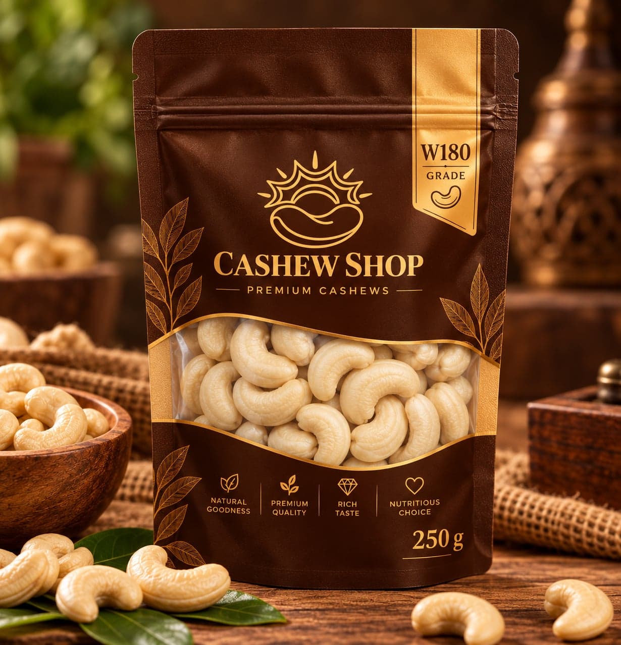 Cashew Shop W180 cashew kernels in a 250 g pack