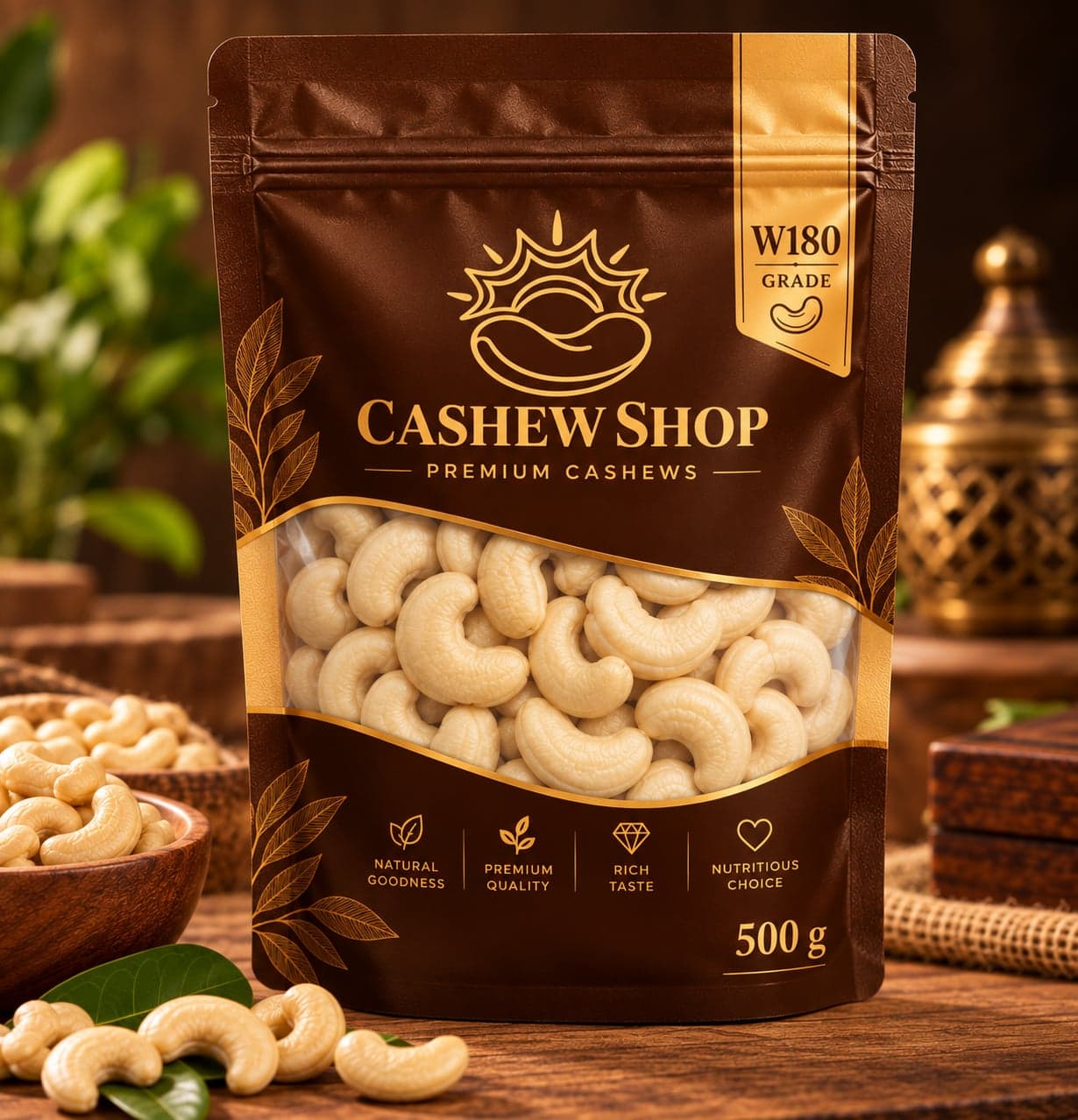 Cashew Shop W180 cashew kernels in a 500 g pack